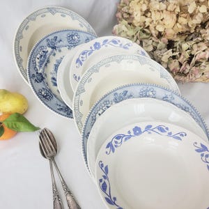 8 antique/vintage mismatched  soup plates blue and white palette, farmhouse / cottage decor c1900-1950, Gien, Sarreguemines and others