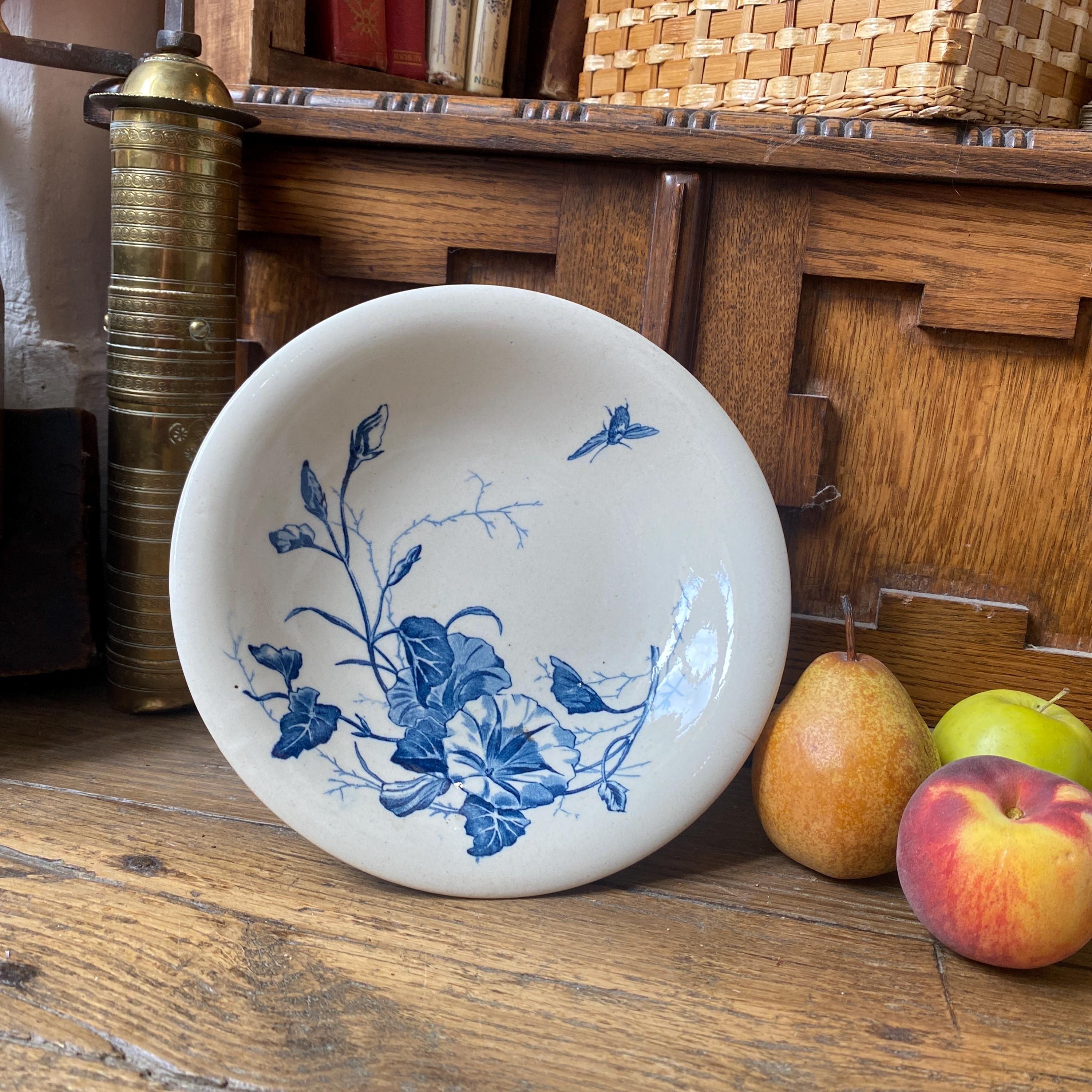 Antique Gien France Cake Stand, Blue White Transferware, Floral