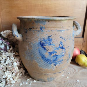 非常に大きなアンティークのコンフィポット、青地、茶色の表面、取っ手付き、ラ・ボルヌ製、1900年頃