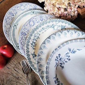 Könnte beinhalten: Eine Sammlung antiker weißer Keramikteller mit aufwendigen blauen Blumen- und geometrischen Mustern. Die Teller sind auf einer rustikalen Holzoberfläche angeordnet, mit einer Gabel und roten Äpfeln. Die Teller variieren im Design.