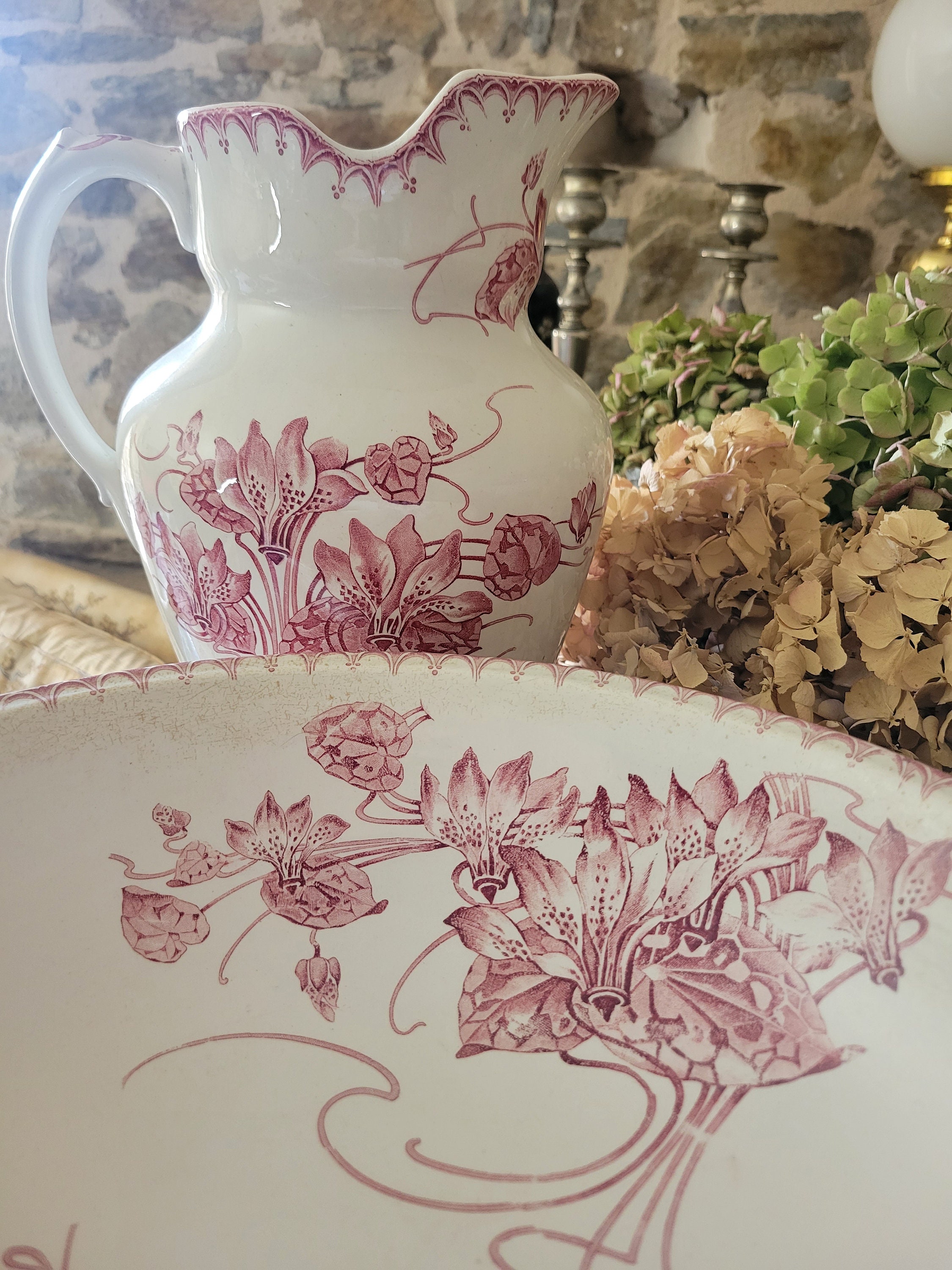 Antique Tall Water Jug and Bowl Set, Rare Early Art Nouveau Antique Tall Water Jug and Bowl Set, Rare Early Art Nouveau