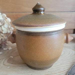 Small Stoneware Lidded Pot with Brown Glaze and White Interior, France c.1920