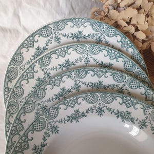Set of 4 soup plates, French antique, excellent cond green transferware w floral border design &#39;Versailles&#39; from St Amand, France c1908-1920