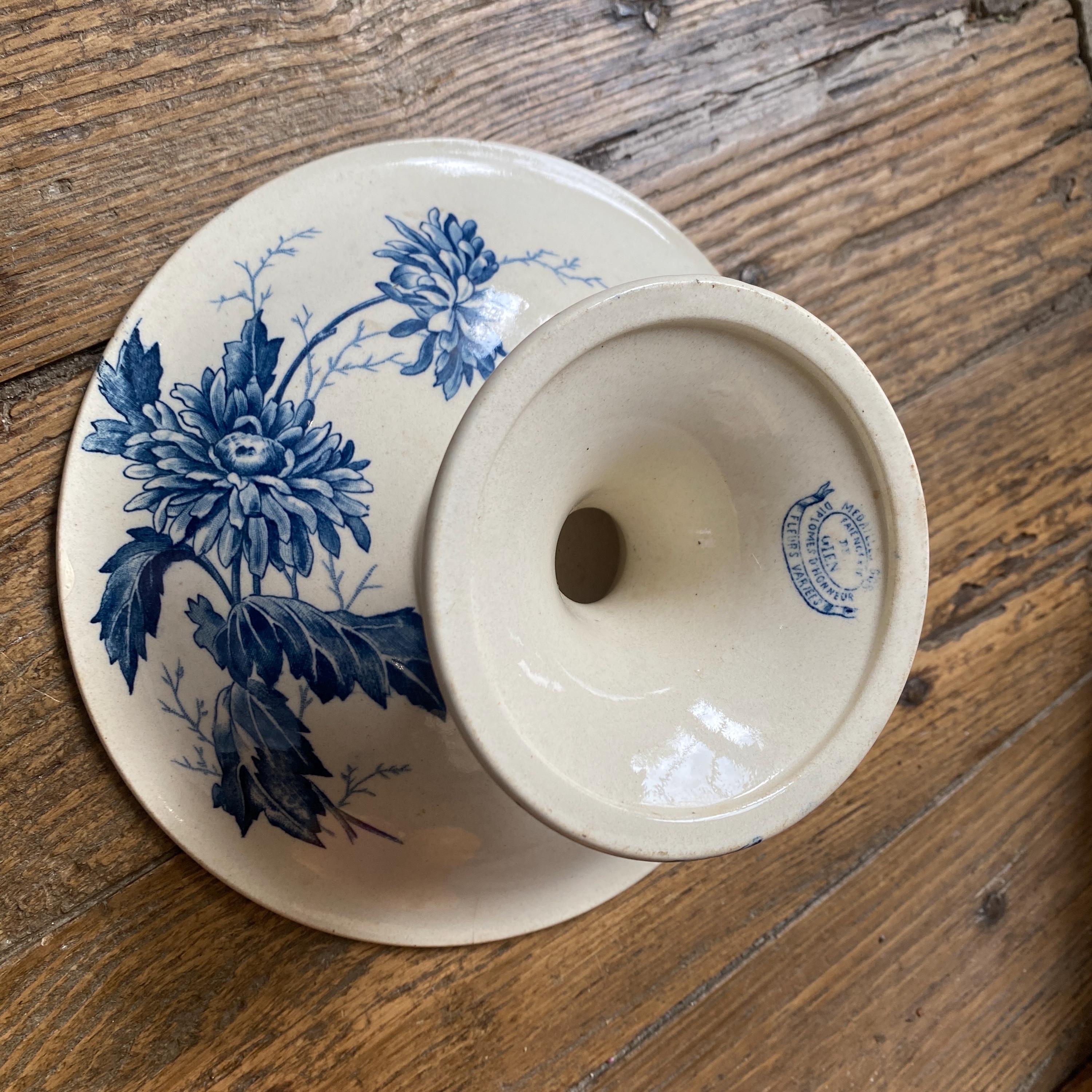 Socle à Gâteau Ancien Gien France - Faïence Bleu Et Blanc - Fait Main - Vintage