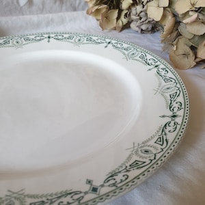 Antique dinner plate green and white Neoclassical border design, forest green transferware c1890, BFK Boch Freres Keramis, Victorian design
