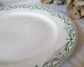 Antique dinner plate green and white Neoclassical border design, forest green transferware c1890, BFK Boch Freres Keramis, Victorian design