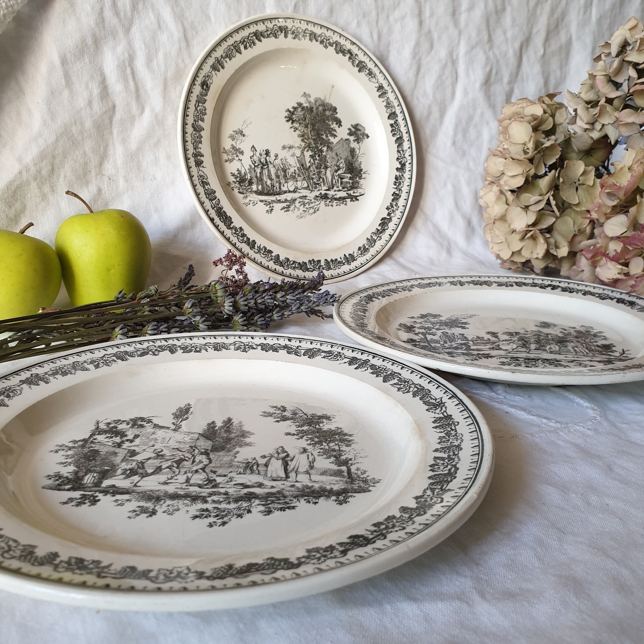 French Antique Fine Faience Plates C1820 Black & White French Antique Fine Faience Plates C1820 Black & White