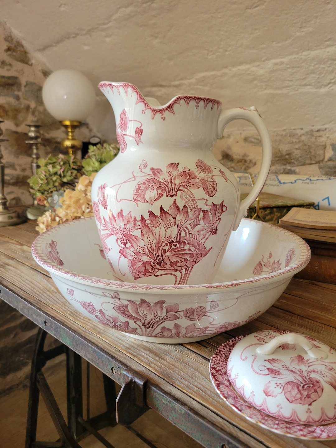 Antique Tall Water Jug and Bowl Set, Rare Early Art Nouveau