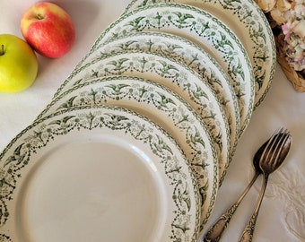 SET 6 French antique dinner plates, Empire style, birds & wreaths, green transferware, &#39;Primerose&#39; by T Fenal Badonviller, France c1890-1900