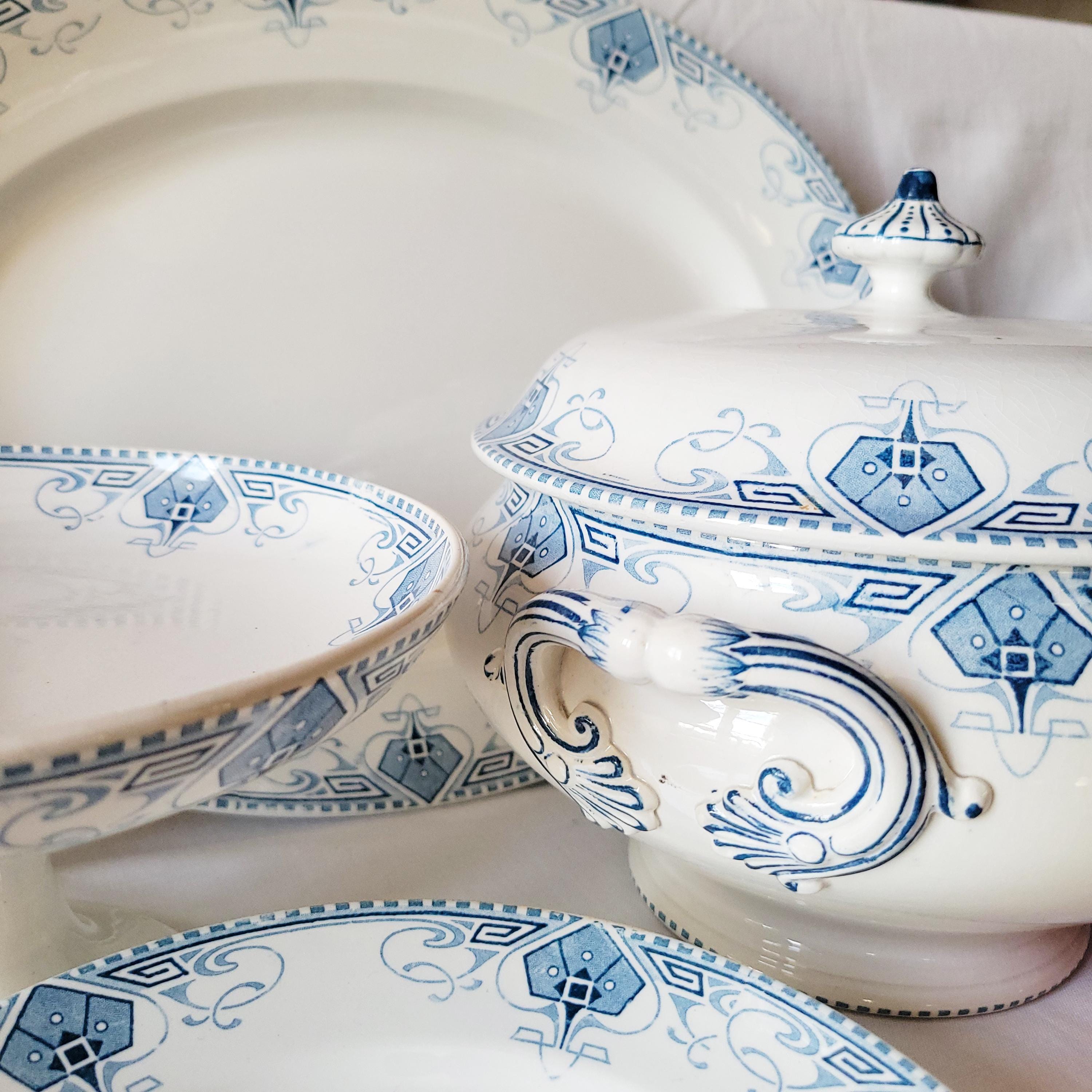 Antique Sarreguemines 'germaine' Dinner Service, Art Nouveau Blue