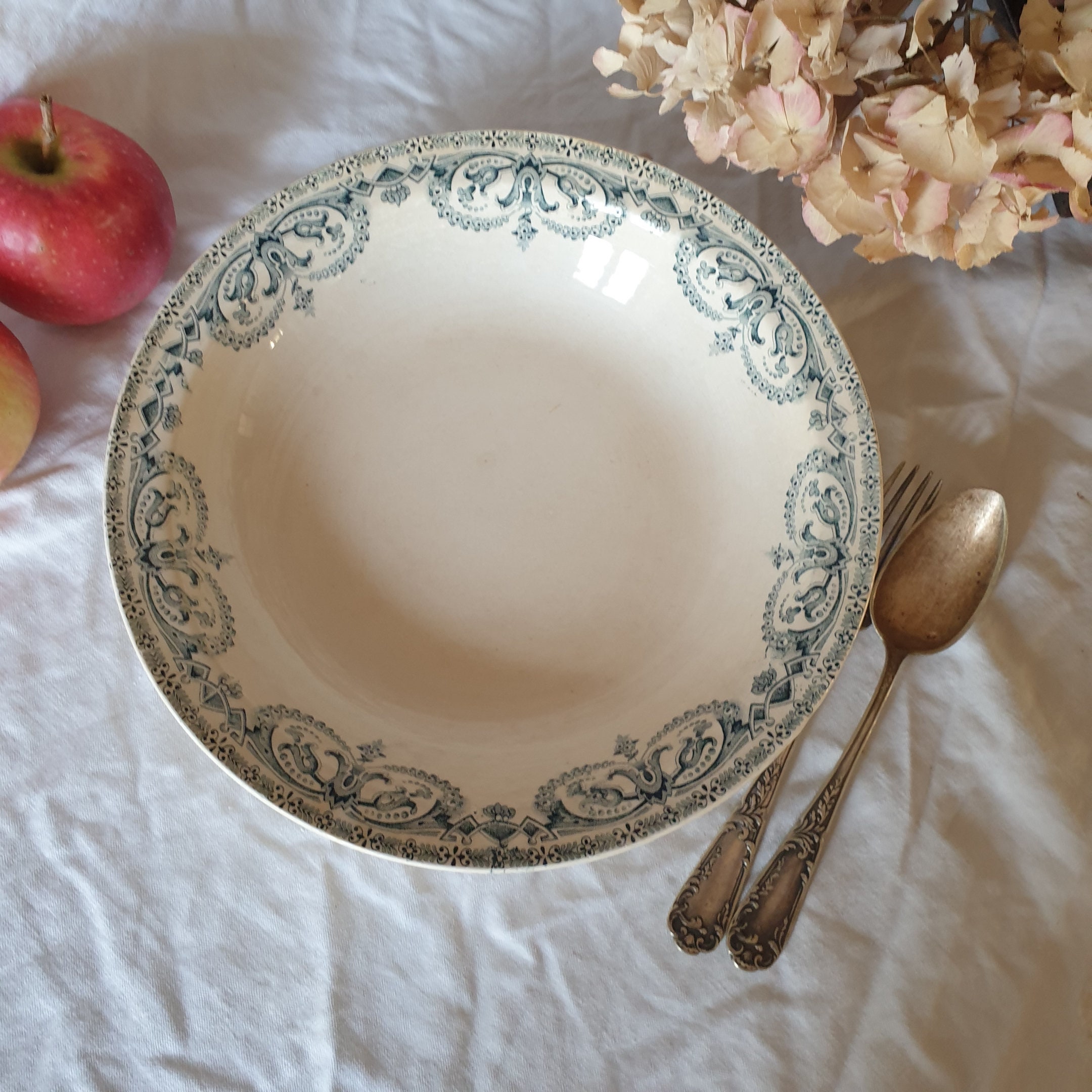 French Antique Ironstone Deep Dish / Salad Bowl Teal Green Etsy
