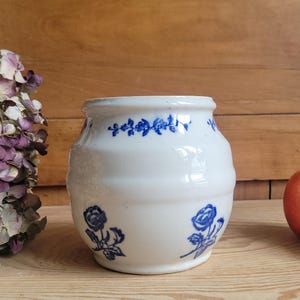 Small Antique St Uze Confit Pot / Cache Pot, Blue Floral Stoneware, France c.1920