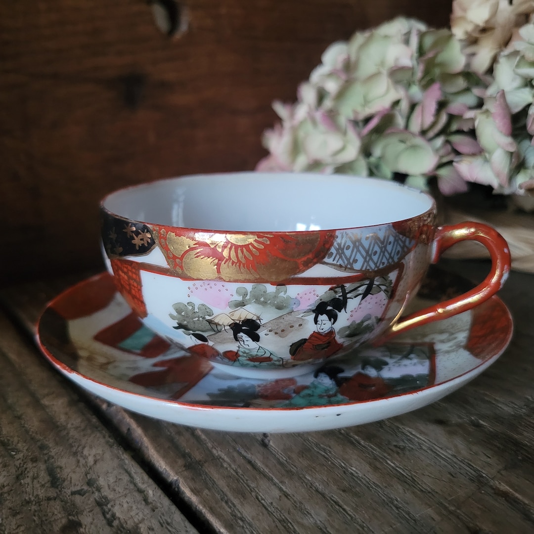 Antique Japanese Kutani Eggshell Porcelain Teacup and Saucer Set, River