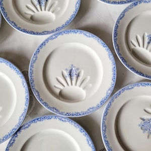 SET 12 French antique ironstone asparagus plates, floral cornflower blue & white transferware by Jules Veillard 'Guirlande' France 1860-90