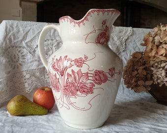 Antique red transferware tall pitcher / water jug, rare early Art Nouveau red & white florals w lilies 'Mars' BFK Boch Freres Keramis c1900