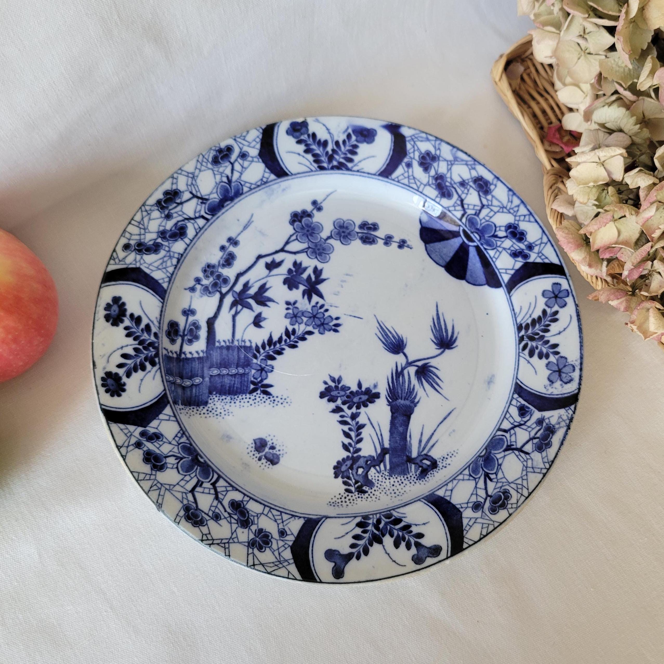 Creil et montereau プレート　linotte ヒワ　ブルー Stunning Antique French Creil Et Montereau 'monet'/'japon