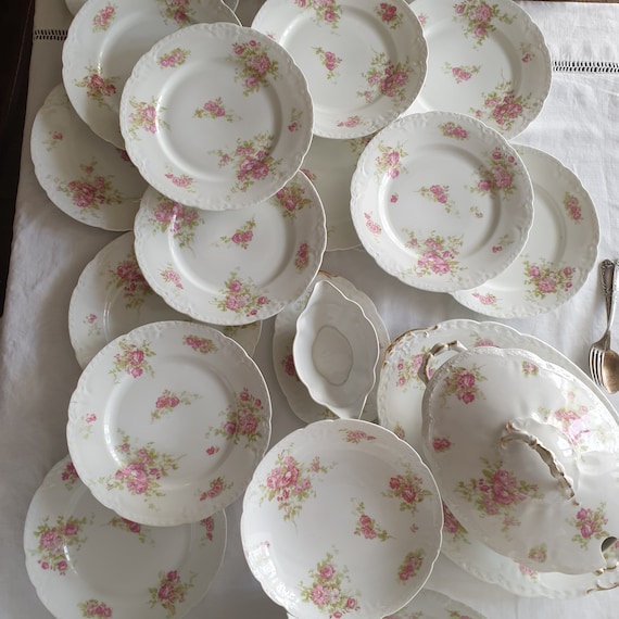 Antique Limoges Porcelain Dinner Service, Pink Roses, Gold Gilt