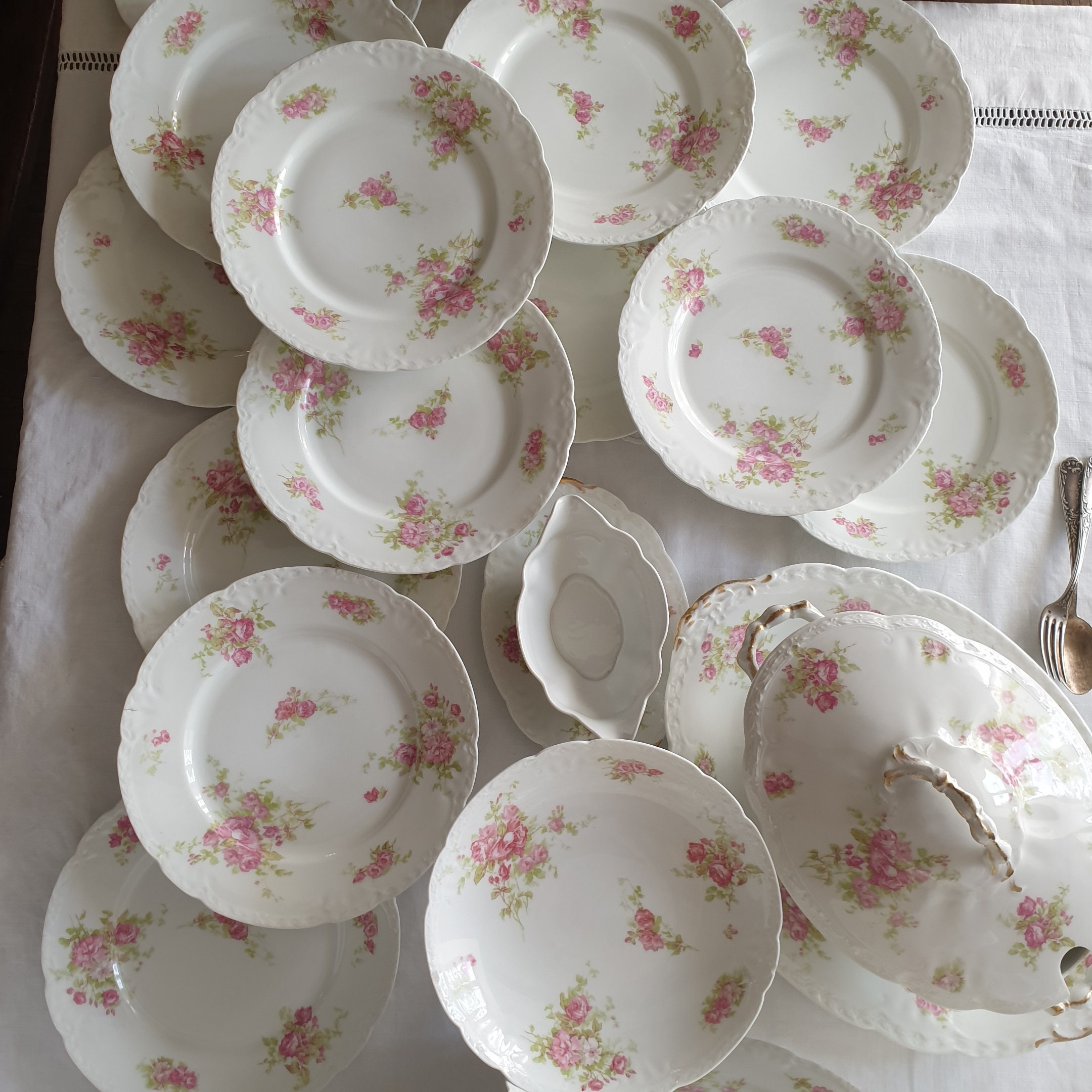 Antique Limoges Porcelain Dinner Service, Pink Roses, Gold Gilt