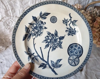 French antique side plates navy blue transfer printed c1890 Grand Depot, Paris, Aesthetic Movement, Arts and Crafts, Staffordshire pottery