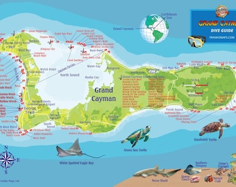 Póster con mapa y peces de la isla Gran Caimán