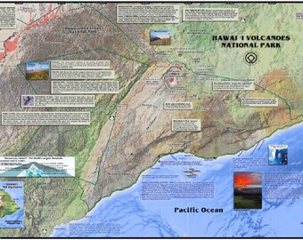 Mapa mural laminado del Parque Nacional de los Volcanes de Hawái