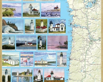 Pacific Northwest - Oregon - Washington - Alaska Lighthouses Illustrated Wall Map Laminated No Glare 24x36