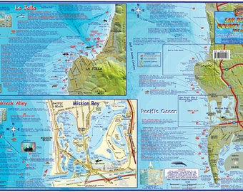 Mapa de pared laminado de buceo en la costa de San Diego