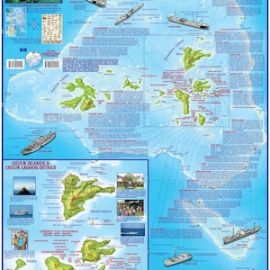 Carte murale des épaves et des plongées dans la lagune de Chuuk (Truk), tableau de l'histoire de l'opération Hailstone sur la Seconde Guerre mondiale, plastifié