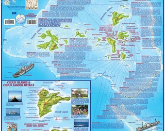Mapa de buceo y pared de naufragio de la laguna Chuuk (Truk), gráfico histórico de la Segunda Guerra Mundial de la Operación Hailstone, laminado
