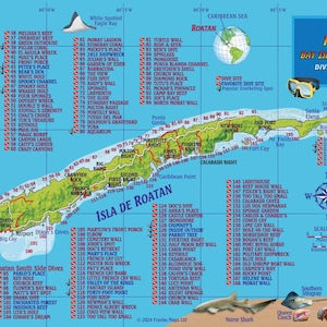 May include: A colorful map of Roatan, Bay Islands, Honduras, showing dive sites and fish identification. The map features a green island with a red line outlining the coastline. The map also includes a compass, scale, and various fish illustrations.