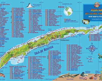 Póster con los peces y el mapa de la isla de Roatán