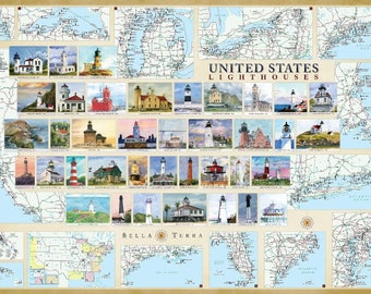 United States Lighthouses Illustrated Wall Map Laminated No Glare 39x27