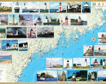 Maine Lighthouses Illustrated Wall Map Laminated No Glare 24x36