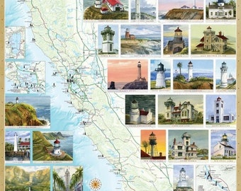 California & Hawaii Lighthouses Illustrated Wall Map Laminated No Glare 24x36