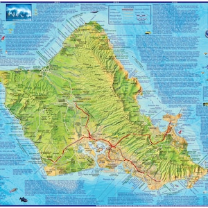Oahu, Hawaï, carte murale plastifiée
