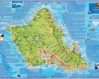 Mapa de pared laminado de Oahu, Hawái
