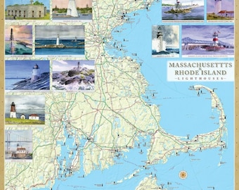 Massachusetts & Rhode Island Lighthouses Illustrated Wall Map Laminated 24x36