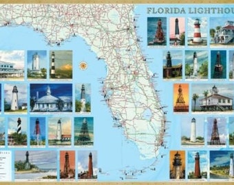 Florida Lighthouses Illustrated Wall Map Laminated No Glare 24x36