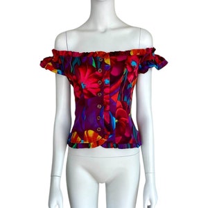 1980s Kenzo multicolour off shoulder floral ruffled corset top, Size S