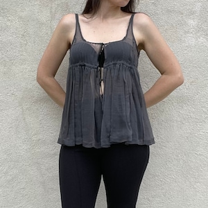 Dries Van Noten SS 2005 vintage pleated sleeveless grey silk chiffon babydoll top, chest ties, size S - M