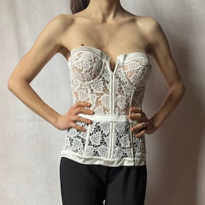 La Perla iconic Y2K deadstock pearl white floral lace boned bustier corset with satin detail, padded cup