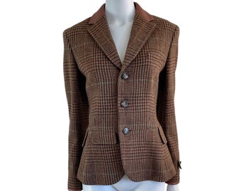 1990s Ralph Lauren wool houndstooth equestrian riding blazer jacket, Leather collar and cuffs, Size S