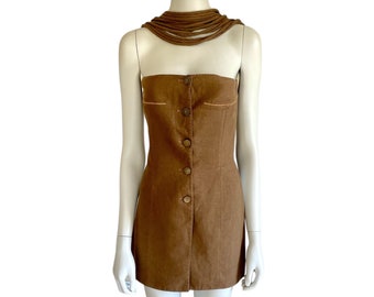 Top corsetto in lino marrone Claude Montana degli anni '80 con scollo a corde, taglia M