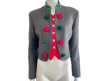 1990s Moschino Cheap and Chic grey wool cropped jacket with false inner red waistcoat, large red green buttons, Size S