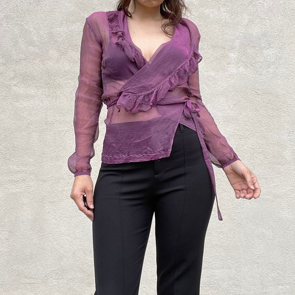 Camicia vintage vintage iridescente in organza di seta viola plissettata e arruffata, taglia XS - S