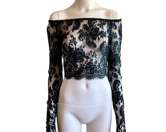 1980s Romeo Gigli for Callaghan black lace shirt, off shoulders sheer crop top, size XS - S