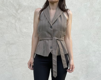 1990s Dries Van Noten open back pinstripe wrap vest top, bi-color, waist bow, size S - M