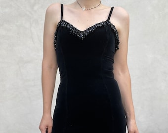 Chantal Thomass FW 1989 black velvet pearls bustier corset mini dress, spaghetti straps, size S