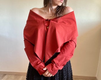 1990s Romeo Gigli brick red off shoulder shirt with front tie