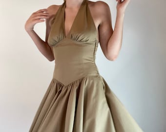 1980s Mila Schön beige sleeveless Marilyn Monroe dress, full circle skirt, halter neck, Size S